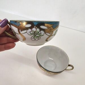 Nippon Hand Painted Tea Cups Set of 2 Floral Gold Trim Antique